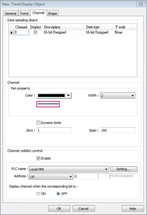 EBPro Trend Display Object, Channel tab.  This tab is where each individual trend line properties can be configured: color, size, etc.