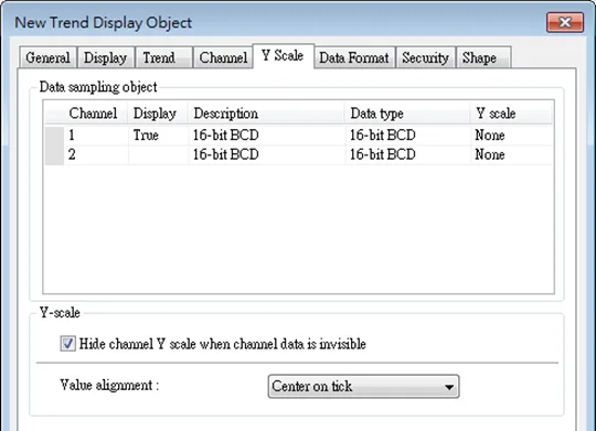 EBPro Trend Display Object - Y Scale tab.  This is where the Y scale of each channel can be enabled or disabled.