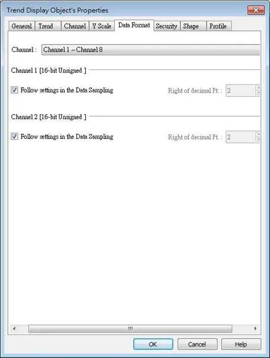 EBPro Trend Display Object, Data Format tab.  This is where you can manually configure the number of decimal places shown, or simply elect to use the existing settings from the underlying Data Sampling Object.