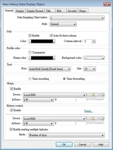 EBPro History Data Display, General tab.  This is where the grid, profile color and other configuration options of the data display object are configured.