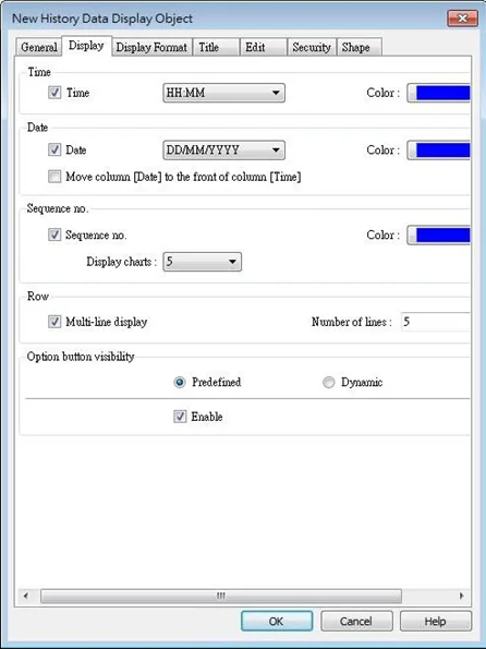 EBPro History Data Display, Display tab. This is where the time, date, option button visibility and other visual aspects are configured.