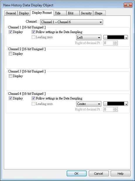 EBPro History Data Display, Data Format tab.  This is where the individual channels from the data sampling object can be shown or hidden in the table.