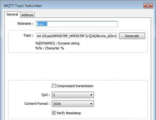MQTT Topic Subscriber, General Tab.  This allows you to configure topics to subscribe to and assign QOS levels to each.