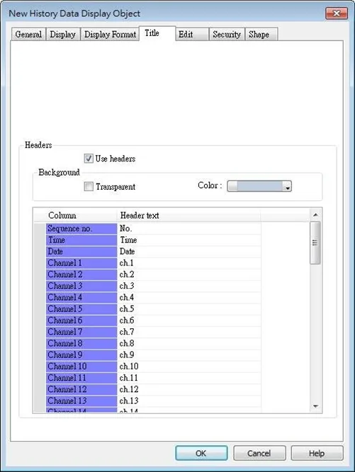 EBPro History Data Display, Title tab.  This is where table headers can be enabled and defined.