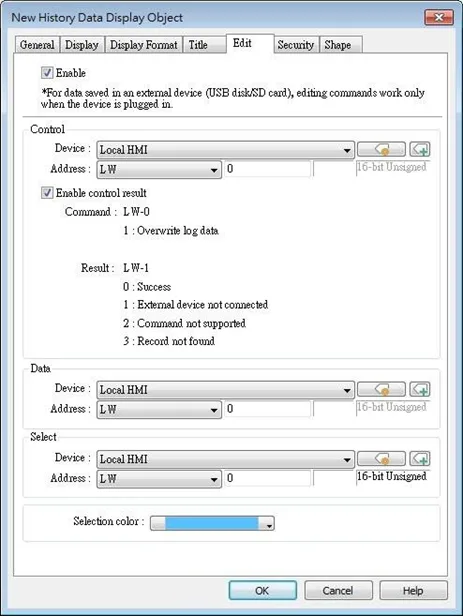 EBPro History Data Display, Edit tab.  This is where control registers are defined, and where the system begins reading the data from.