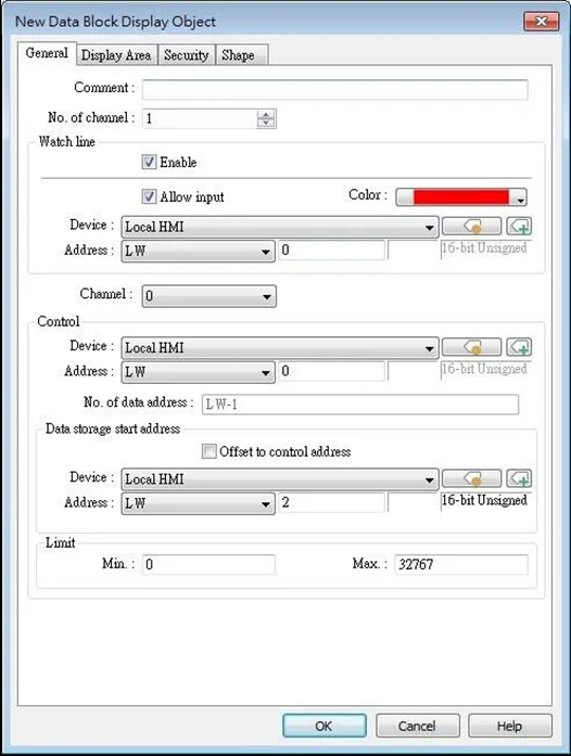 EBPro Data Block Display, General tab EBPro Data Block Display, General tab. Watch line, control address and data storage starting addresses are configured here.
