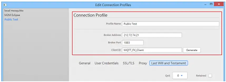 MQTT.fx connection profiles window.  The settings should be as shown, with the others in their default state.