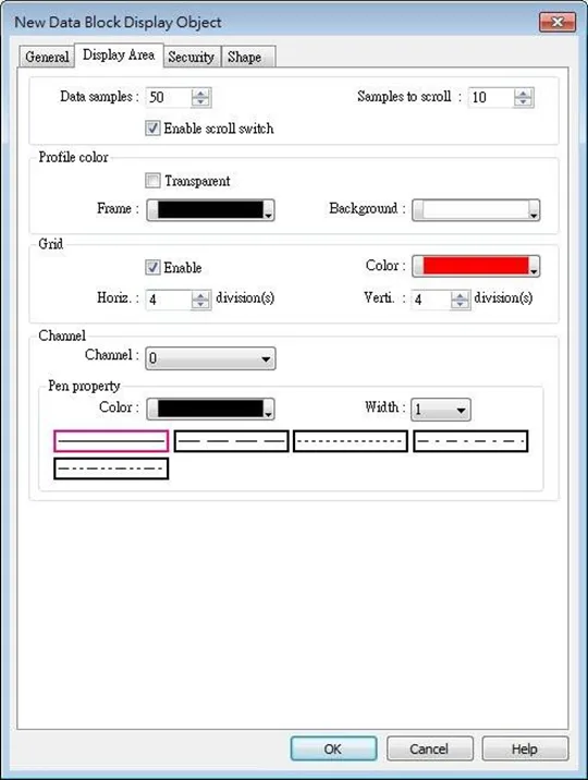 EBPro Data Block Display, Display Area tab EBPro Data Block Display, Display Area Tab. Configuration of the grid, channel line type and colors are all done here.