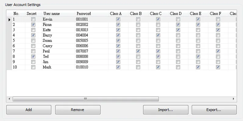 EBPro User Account List EBPro User Account List: Example of 10 user accounts in EBPro with various levels of security access granted.