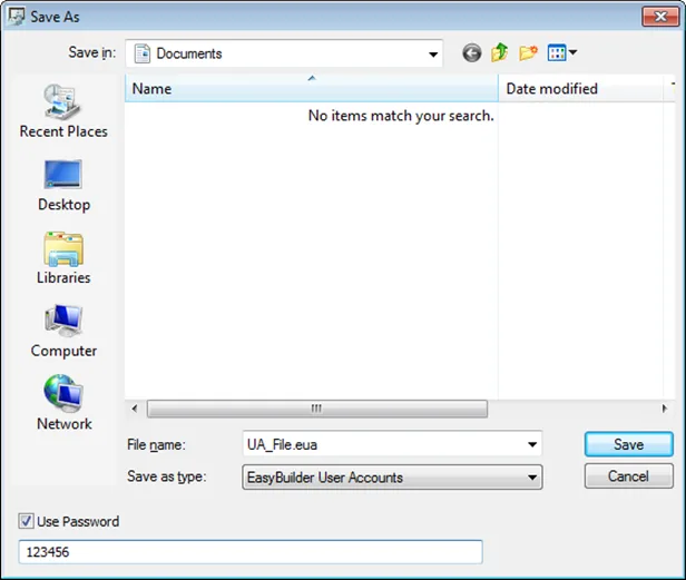 Save As dialog with password protection Example of a Windows OS Save As dialog box. At the bottom is a "use password" option, which allows you to protect the data and require a password when the data is imported.
