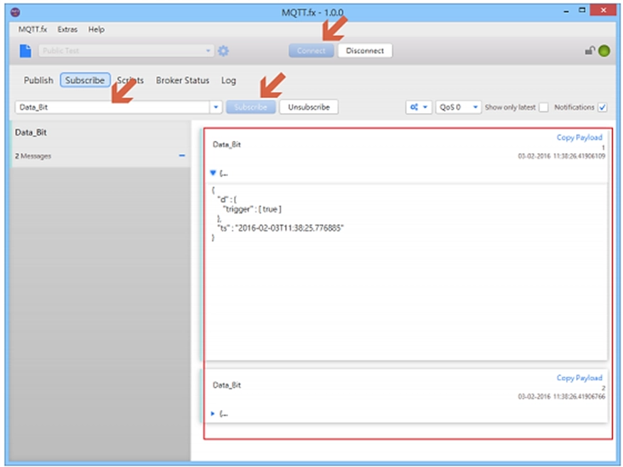 Image of MQTT.fx window, showing the MQTT message updates in the main portion of the screen.