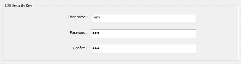 Entering Username/password credentials Fields for typing in the existing username/password credentials of a user that is configured in the EBPro project. This is the user credentials that will be attributed to the USB key.