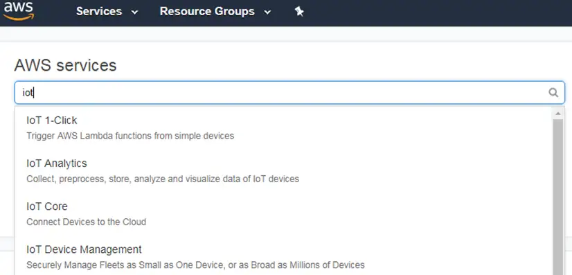 Browse for AWS Core Browsing for IoT Core AWS Services on the AWS website.
