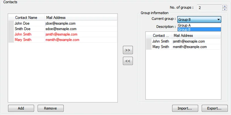 Add contacts to groups Adding contacts into groups using the directional arrow buttons. Select a contact and use the buttons to place into groups accordingly.