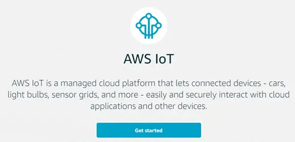 AWS IoT Get started Page AWS IoT main page. Click the 'Get Started' button to begin