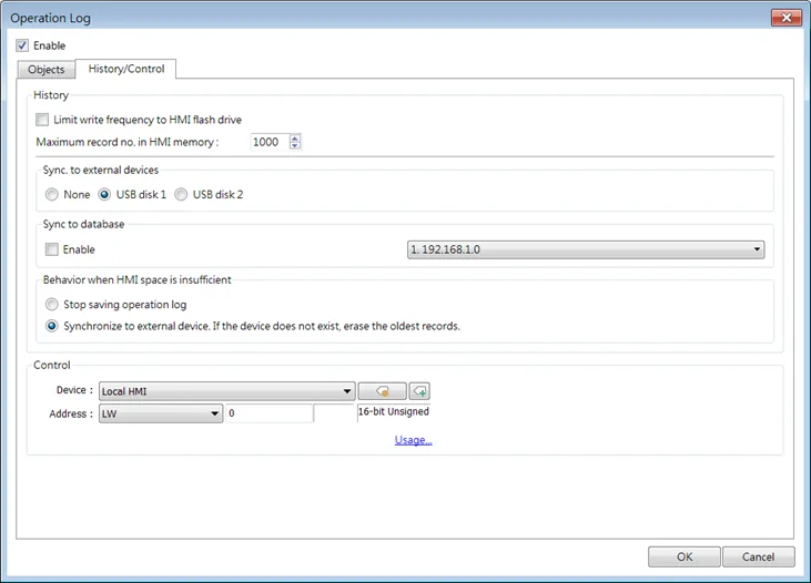 Select the objects to be recorded. Click [Data/History] » [Operation Log Setting], and then select [Enable operation log function] check box.  History/Control tab allows for history and control register operations to be configured.