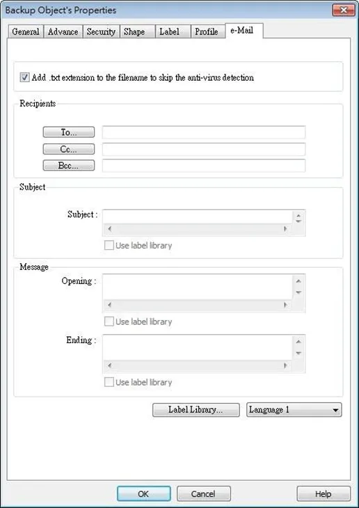 EBPro Backup Object, Email tab EBPro Backup Object, Email tab. The specific email parameters can be configured here when the backup object is triggered.