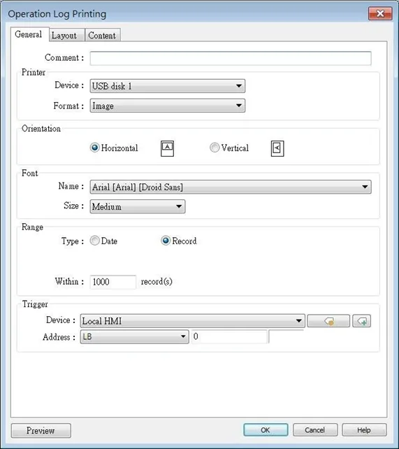 Operation Log Printing, General tab Operation Log Printing dialog, General tab. This is where the general settings are configured for the printing. Selected device and format, orientation, font size and style, and the like.