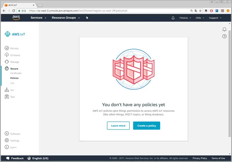 Creating a Policy AWS Policies page. Navigating here is done via the left menu. Secure menu on the left then Policies link underneath.