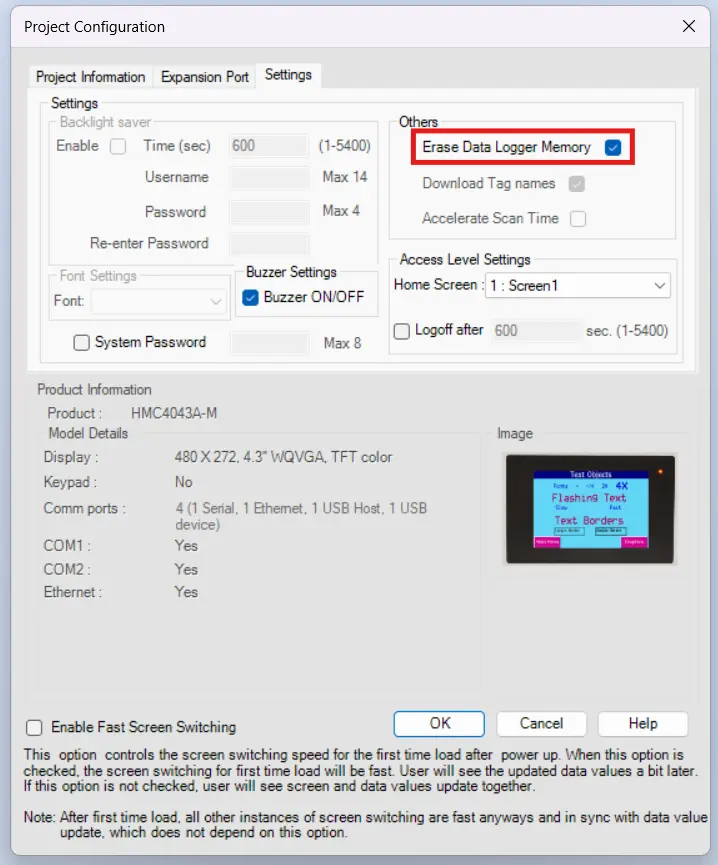 MAPware-7000 Project Configuration Window, Settings tab showing the "erase data logger memory" option selected