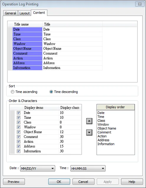 Operation Log Printing, Content tab Operation Log Printing, Content tab. This is where the title for each field is configured, time sort chosen and display order configured.