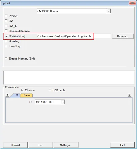 Upload of Operation Log via Utility Manager Utility Manager Upload dialog showing the Operation Log option checked, with a filepath to the desktop. When uploaded, the fille is created in that location on the development PC.