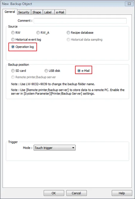 Backup Object configured to send the Operation Log via Email when triggered. New Backup Object General tab configured to backup the Operation Log and sent it via E-mail. Until an email server and sender/receiver addresses are configured in the System Parameters menu, the e-mail option is greyed out.