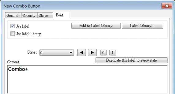 Configuring the Label of the Combo Button. The Label is the text that is displayed over top of the object.