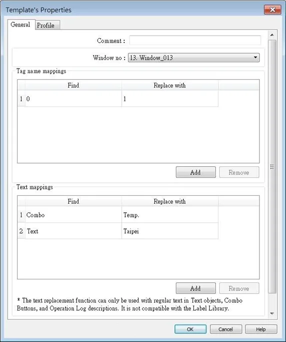 Template Object configuration. We are mapping tags from 0 to 1, and text mapping is configured on the bottom half.
