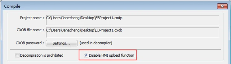 In the EBPro Compile Window, there is an option to disable the HMI upload function.  