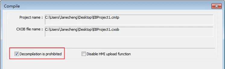 In the EBPro Compile Window, there is an option to disable the decompilation capability.  This means a project can be uploaded from the HMI but can not be decompiled for editing in EBPro.  