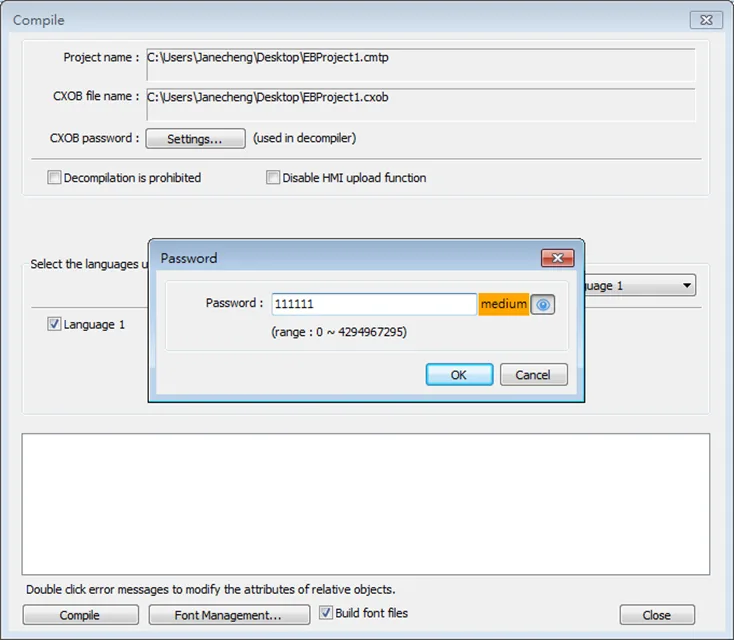 In the Compile Window, click the *Settings* button to assign a password for attempting to decompile the project file for editing in EBPro.