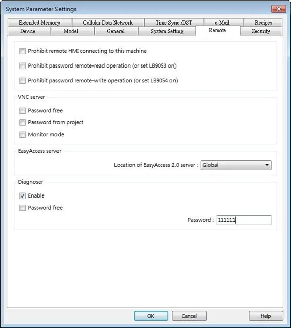 EBPro System Parameters Settings, Remote tab has a section for "Diagnoser" to be enabled, and for a password to be set.
