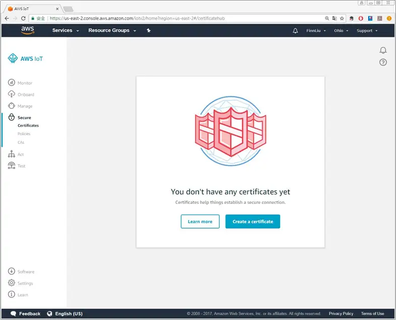 AWS Certificates Page AWS Certificates page. Navigating here is done via the left menu. Secure menu on the left then Certificates link underneath.