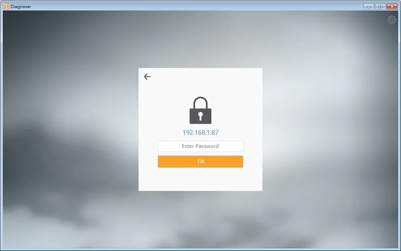 cMT Diagnoser main screen, showing password requirement.  If [Password free] is not selected in Remote tab in previous step, a password is required for running cMT Diagnoser. Default password is 111111.