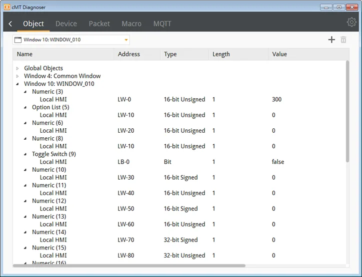 In the Object tab in cMT Diagnoser user interface, the objects used in the current window and their addresses, properties, and statuses are shown in a table.