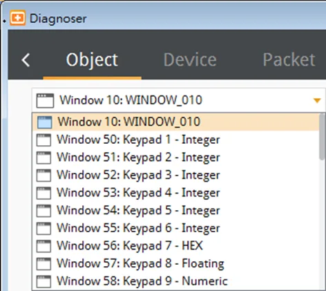 cMT Diagnoser Object Tab: Selecting a window from the drop-down list allows you to change to another window.