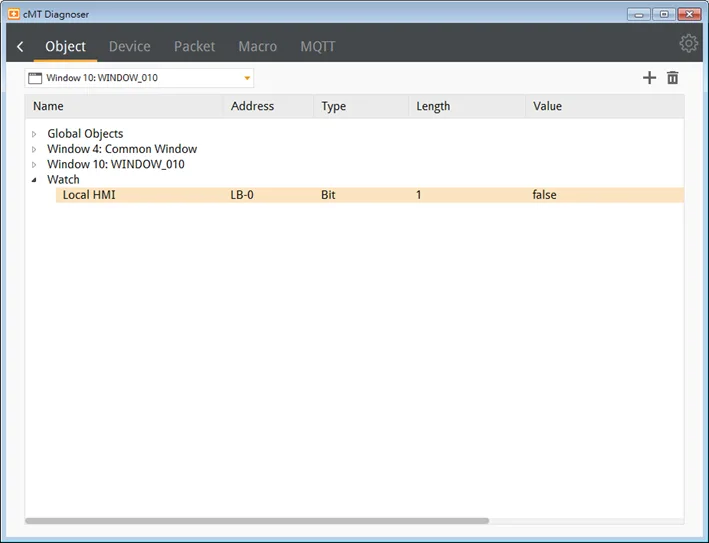 In cMT Diagnoser, watch addresses can be added or deleted. Click +  to add a new address, or select an address and then click the trash can icon to delete it