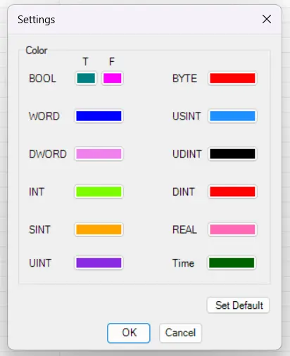 Selecting "Edit Setting" in the MAPware-7000 Data Window gives a popup to edit the colors of the monitored tags