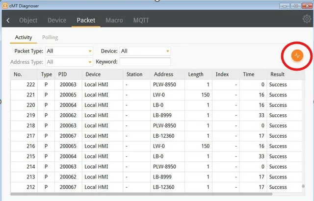 cMT Diagnoser, Packet tab.  In the Packet tab, select the ranges and then click the graph icon (circled below) to observe communication status between HMI and PLC.