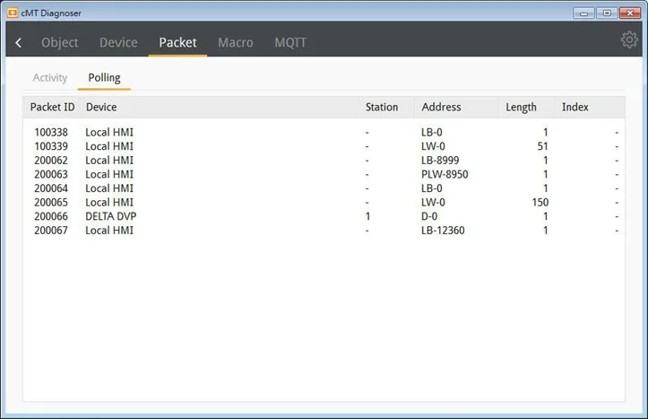 The Polling page shows the information of the polling packets periodically sent from HMI, including the start address, length…etc.