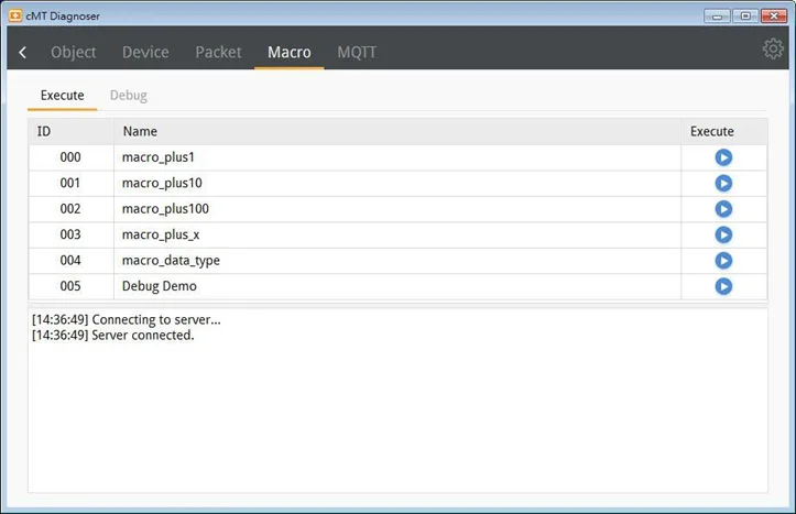 cMT Diagnoser, Macro Tab allows you to execute and test/debug macros.  You must have a macro created in the EBPro project in order to execute or test/debug a macro from this page.