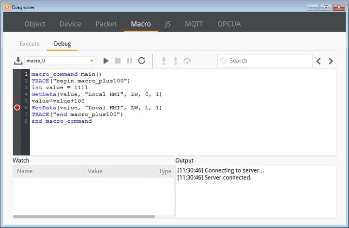 cMT Diagnoser, Macro Tab has a debugger tool  allows you to test/debug macros.  You must have a macro created in the EBPro project in order to execute or test/debug a macro from this page.