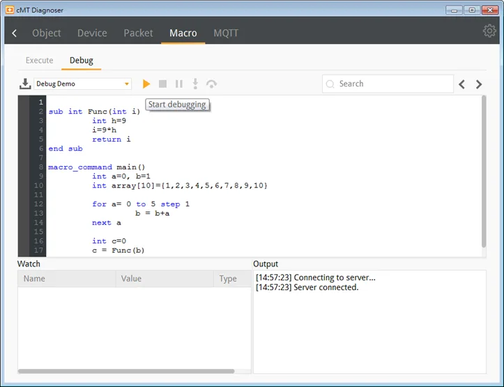 Click the Start Debugging button (play icon) to begin the debugging of your selected macro.