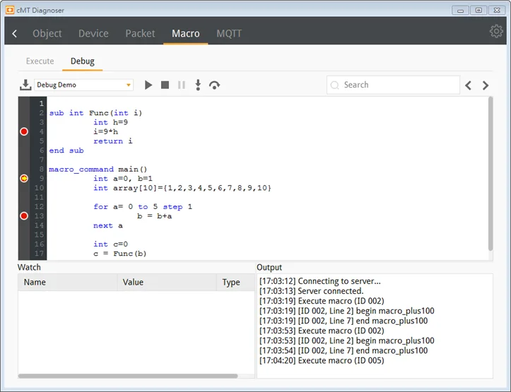 After debugging is started, it will stop at the first breakpoint, now marked by a yellow arrow