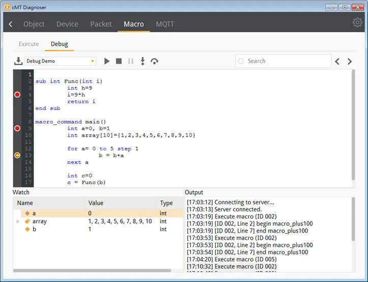 After the Start Debugging button is clicked once again, macro will run and stop at the next breakpoint. The changes of values are shown in the Watch list