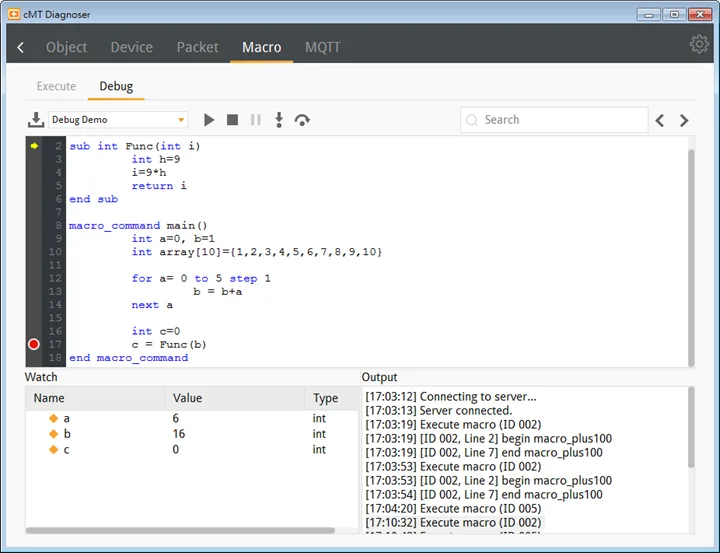 Click the Step Into button to run macro debugging line by line. If the line contains a function, cMT Diagnoser will enter the called function and continue line-by-line debugging from there. Changes of values can be observed in the Watch table