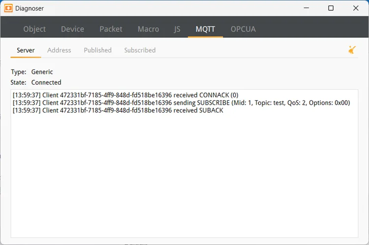 cMT Diagnoser, MQTT/Server tab. In Server tab the type and state of MQTT server is shown. Supported cloud services include: Generic / Azure IoT Hub / Sparkplug. Please note that AWS IoT is not supported.