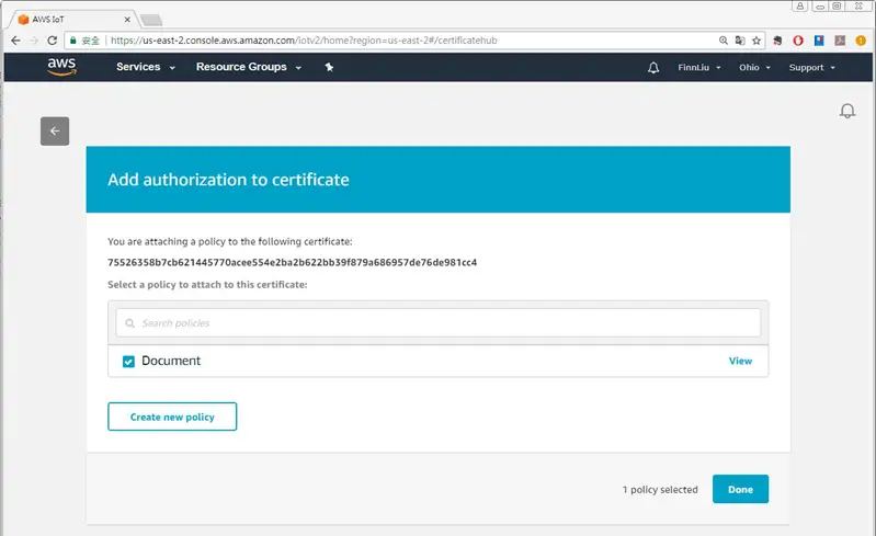 Select the previously created policy Selecting the Policy that we created in the steps prior to the certificate creation.
