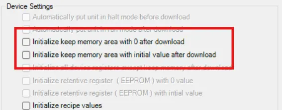 MAPware-7000 Download window, Device settings area allows for initializing retentive memory to '0' on download, or to initialize retentive memory registers with their initial values.